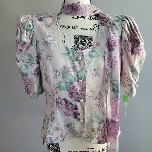 VTG rare deadstock‎ 80s floral blouse puff sleeve attached scarf regency cottage